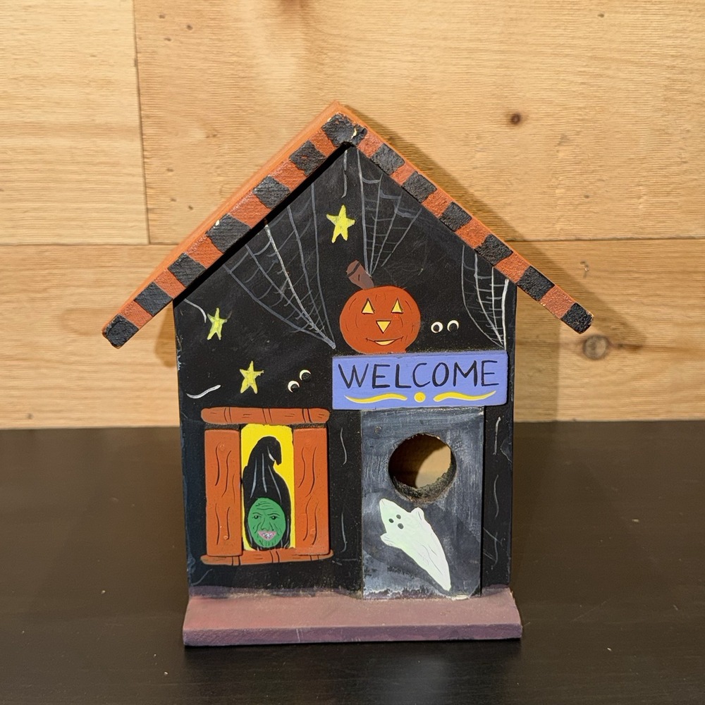 Handmade Halloween Folk Art Birdhouse Haunted House Witch Pumpkin Ghost Decor